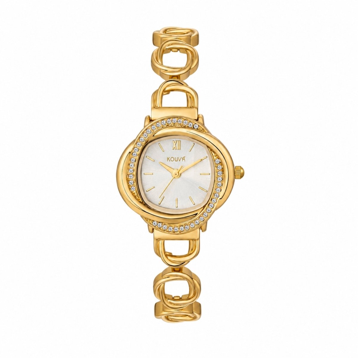 Front view of the Kouvr women's gold watch featuring an asymmetrical crystal bezel and white dial with roman numerals.