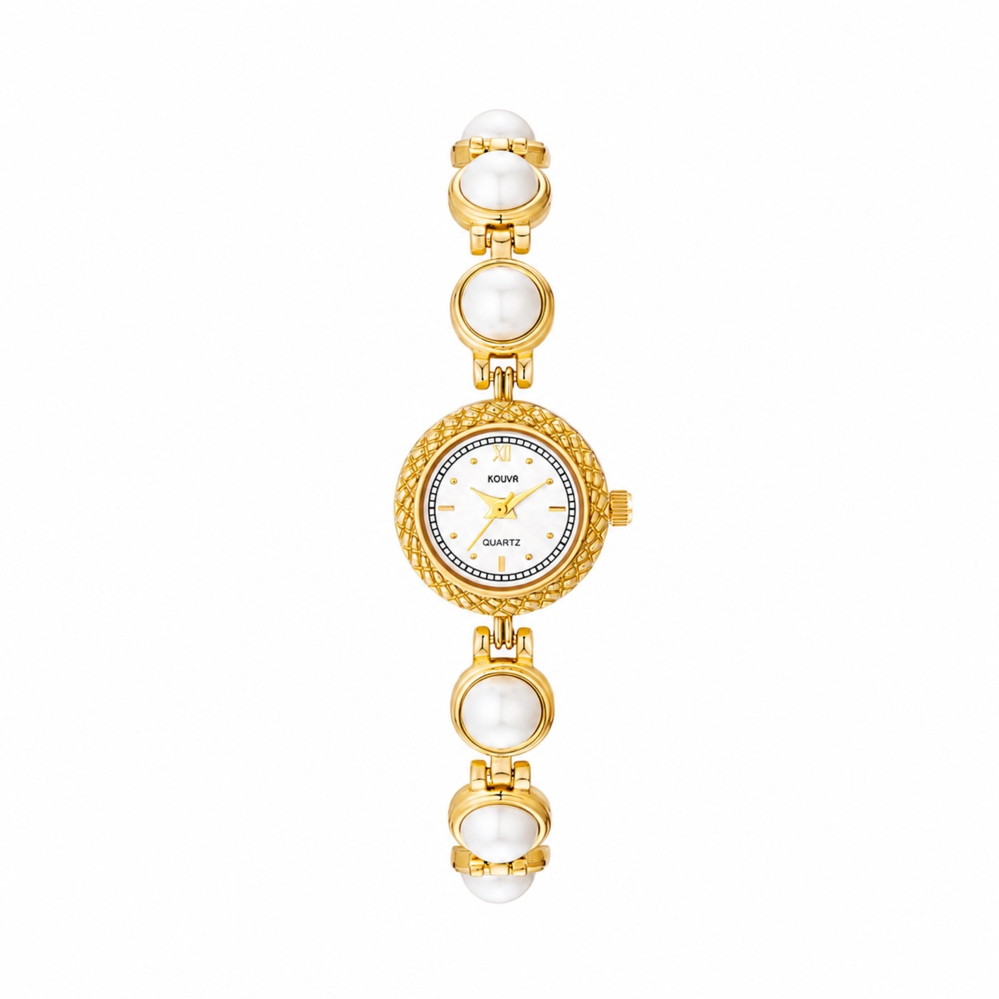 Direct front view of the Kouvr women's dainty gold watch featuring a luminous pearl bracelet strap, textured gold bezel, and white quartz dial.