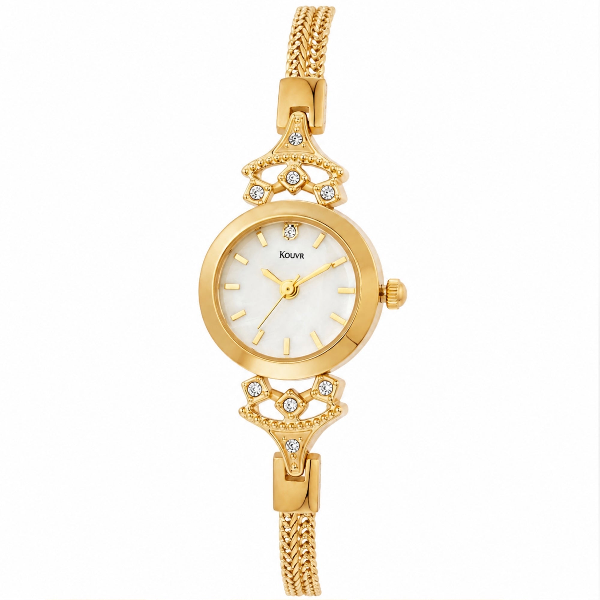 Front flat lay view of Kouvr gold stainless steel watch featuring an iridescent mother of pearl dial and vintage crystal accents
