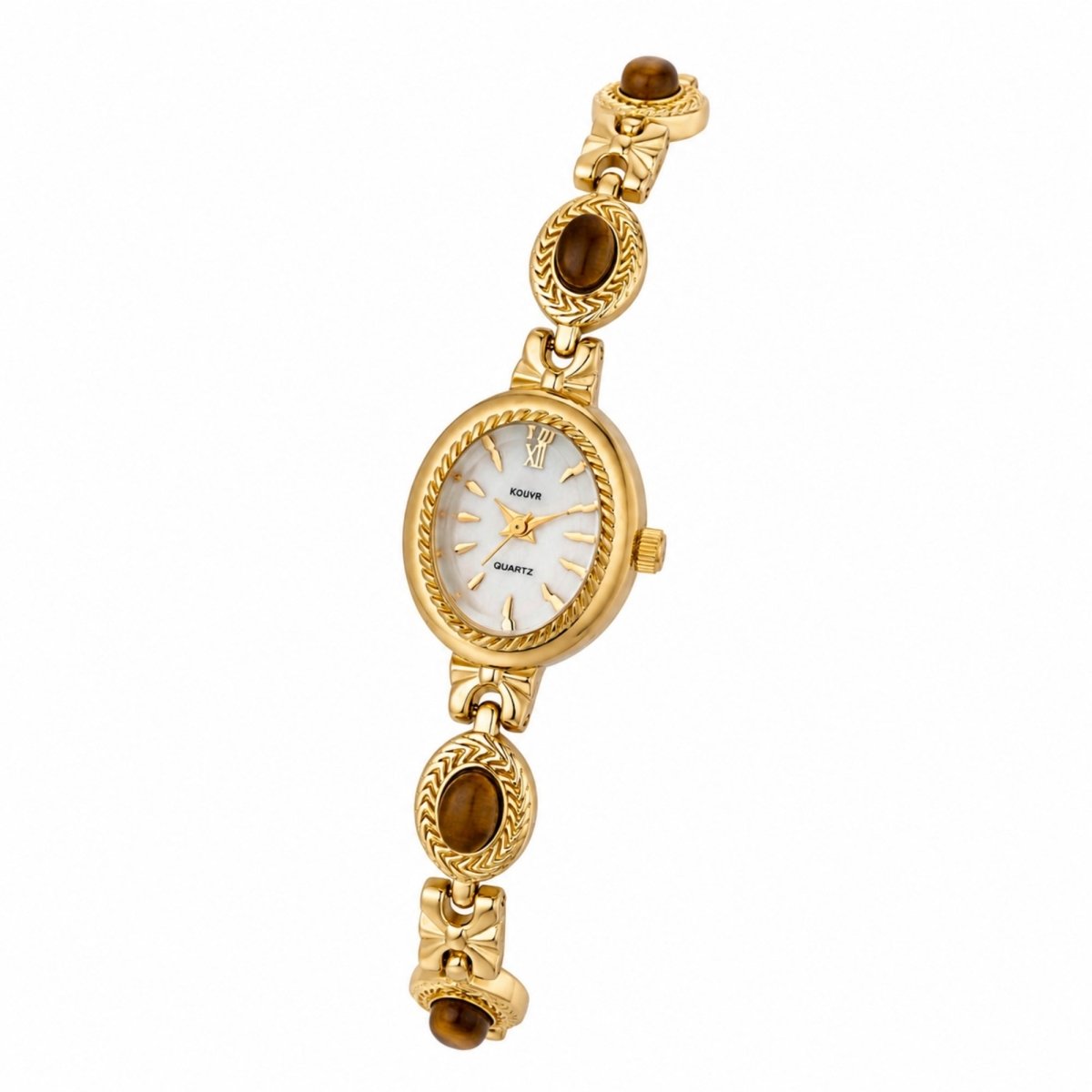 Angled side profile of the Kouvr dainty gold women's watch highlighting the textured bezel, scratch resistant glass, and tiger eye cabochons.