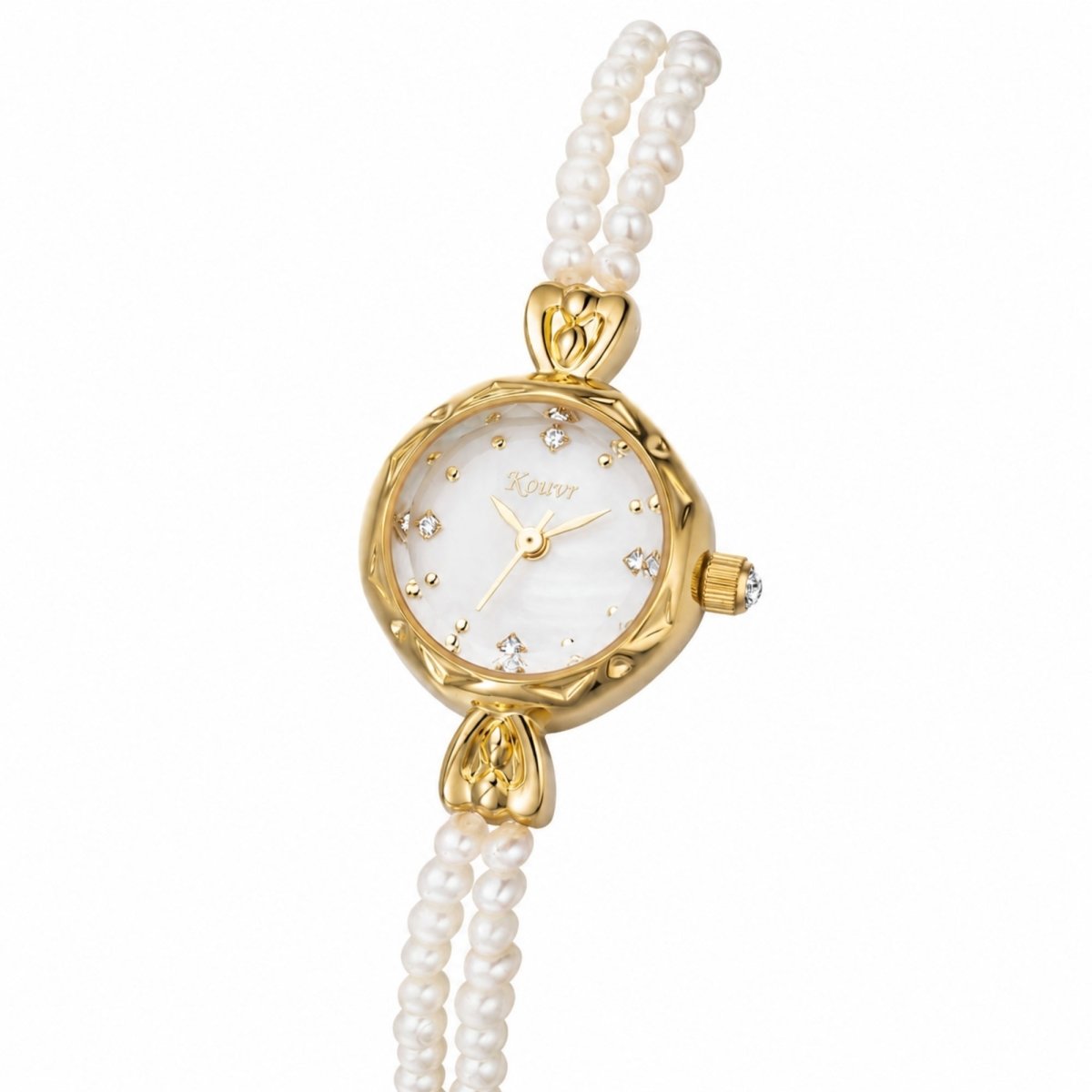 Right angled profile highlighting the gold-plated tarnish-resistant stainless steel case and sparkling dial details of the Kouvr pearl watch.