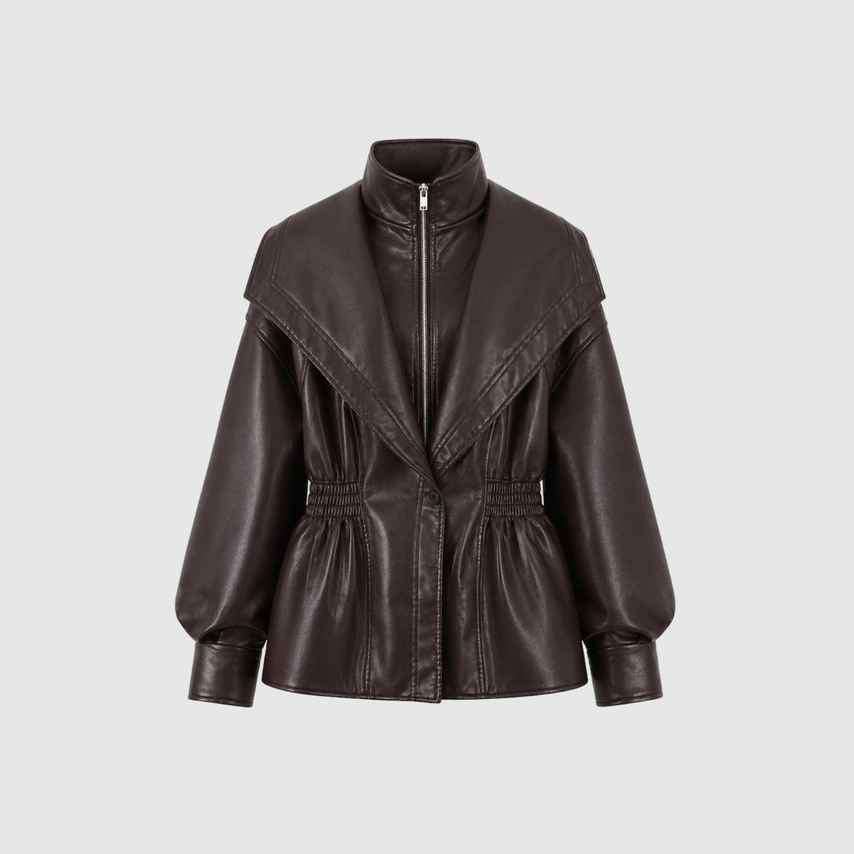 Flat lay front view of dark brown faux leather jacket with hidden zip closure.