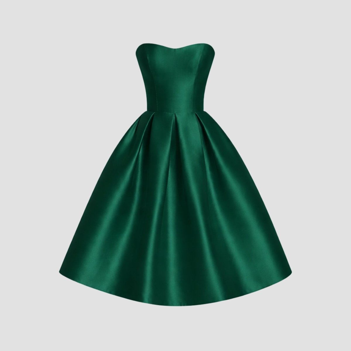 Ghost mannequin front view of the luxury dark green strapless sweetheart A-line midi dress showcasing fabric sheen and pleat details.