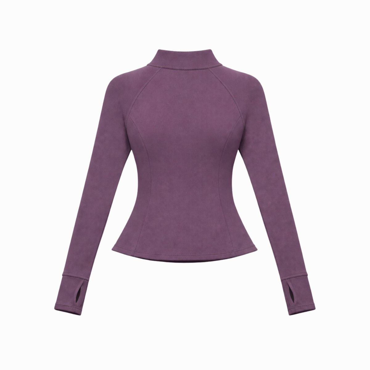 Flat lay front view of Kouvr deep purple women's athletic jacket showing seam details