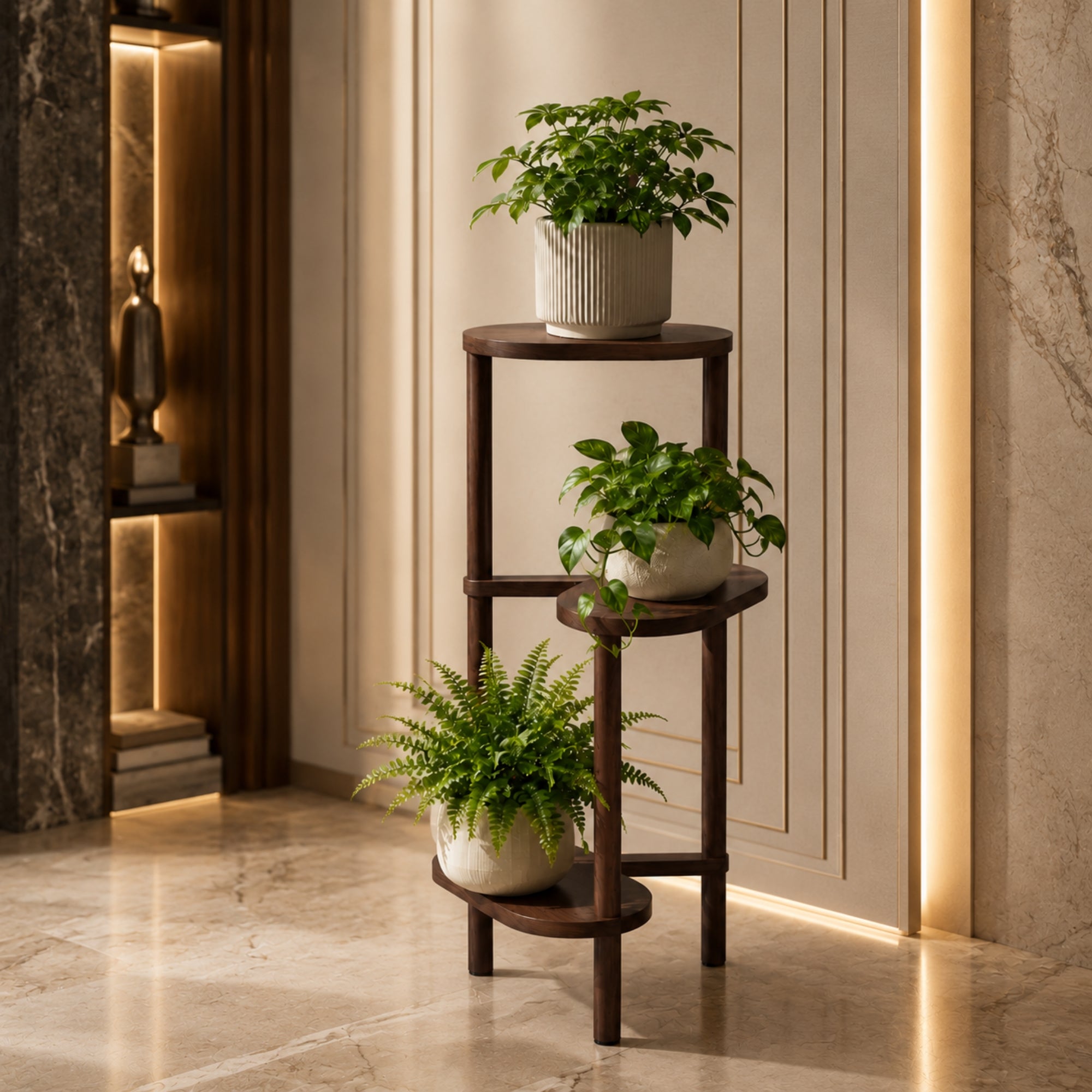 Dark walnut 3-tier wooden corner plant display shelf holding lush indoor houseplants against a sophisticated beige paneled wall.
