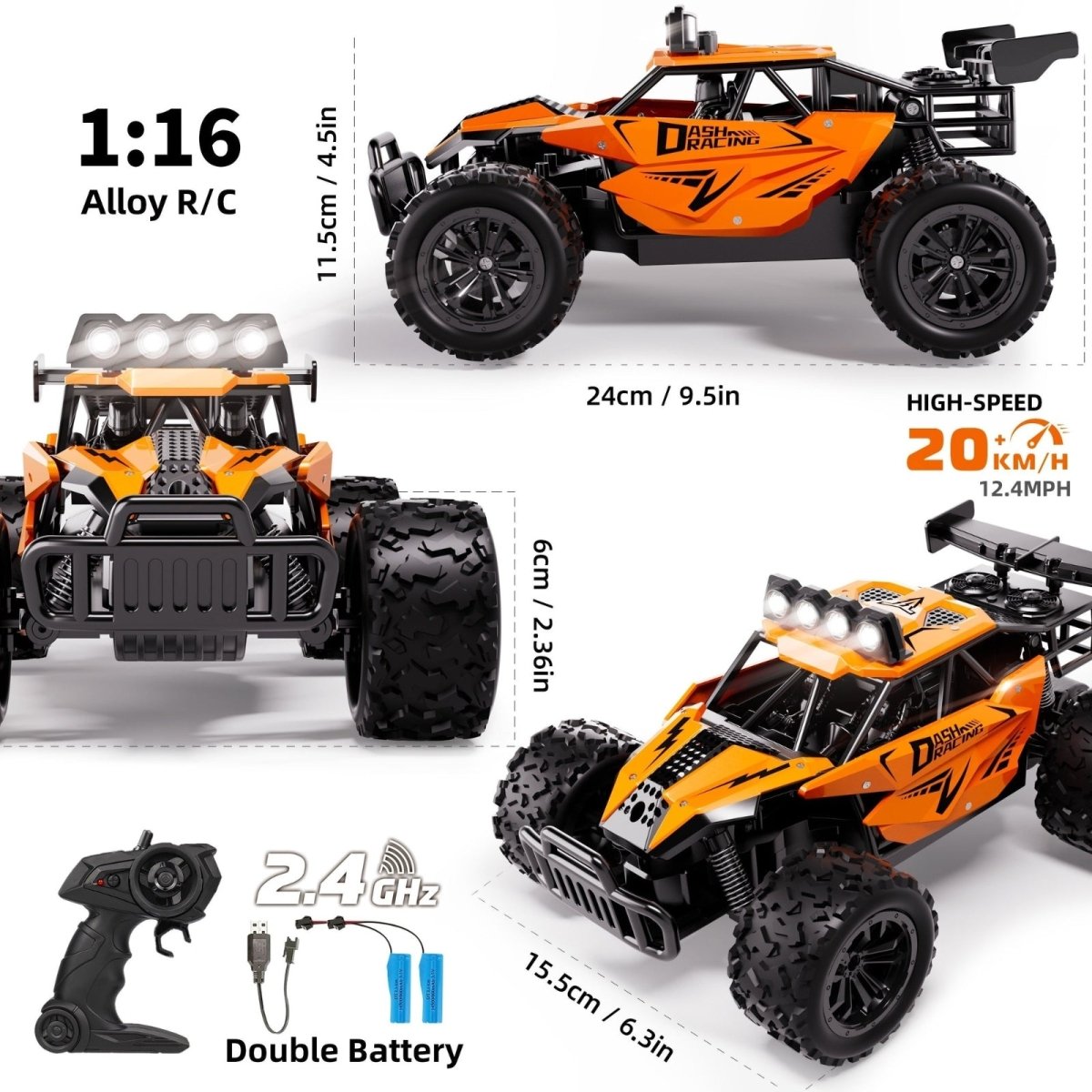Infographic for the orange Dash Racing RC car detailing its 1:16 scale, 20 KM/H speed, dimensions, and included accessories like the 2.4GHz controller and double batteries.