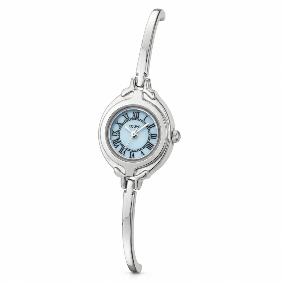 Detailed side view of a petite silver bangle watch displaying the sleek, elegant curve of the bracelet.