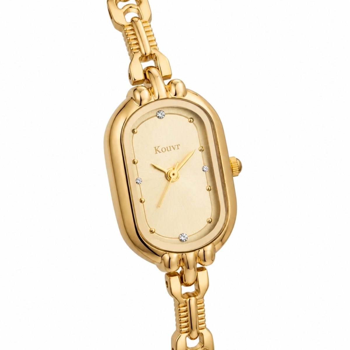 Close up macro view of scratch resistant crystal glass and gold sunray watch face details