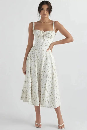 Floral Midi Dress by Kouvr Fashion - Corset Bodice & Lace-Up Back with Side Split for Garden Party & Vacay Floral Midi Dress by Kouvr Fashion - Corset Bodice & Lace-Up Back with Side Split for Garden Party & Vacay