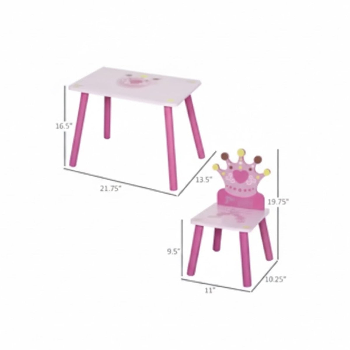 A diagram showing the precise measurements of the Kouvr kids table and chair, including height, width, and depth in inches.