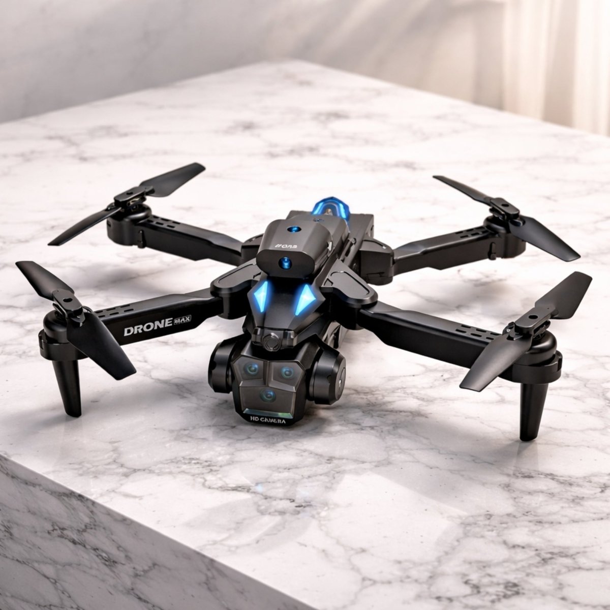 A professional three-quarter studio portrait of an unfolded Drone Max quadcopter with blue LED lights on a white marble floor.
