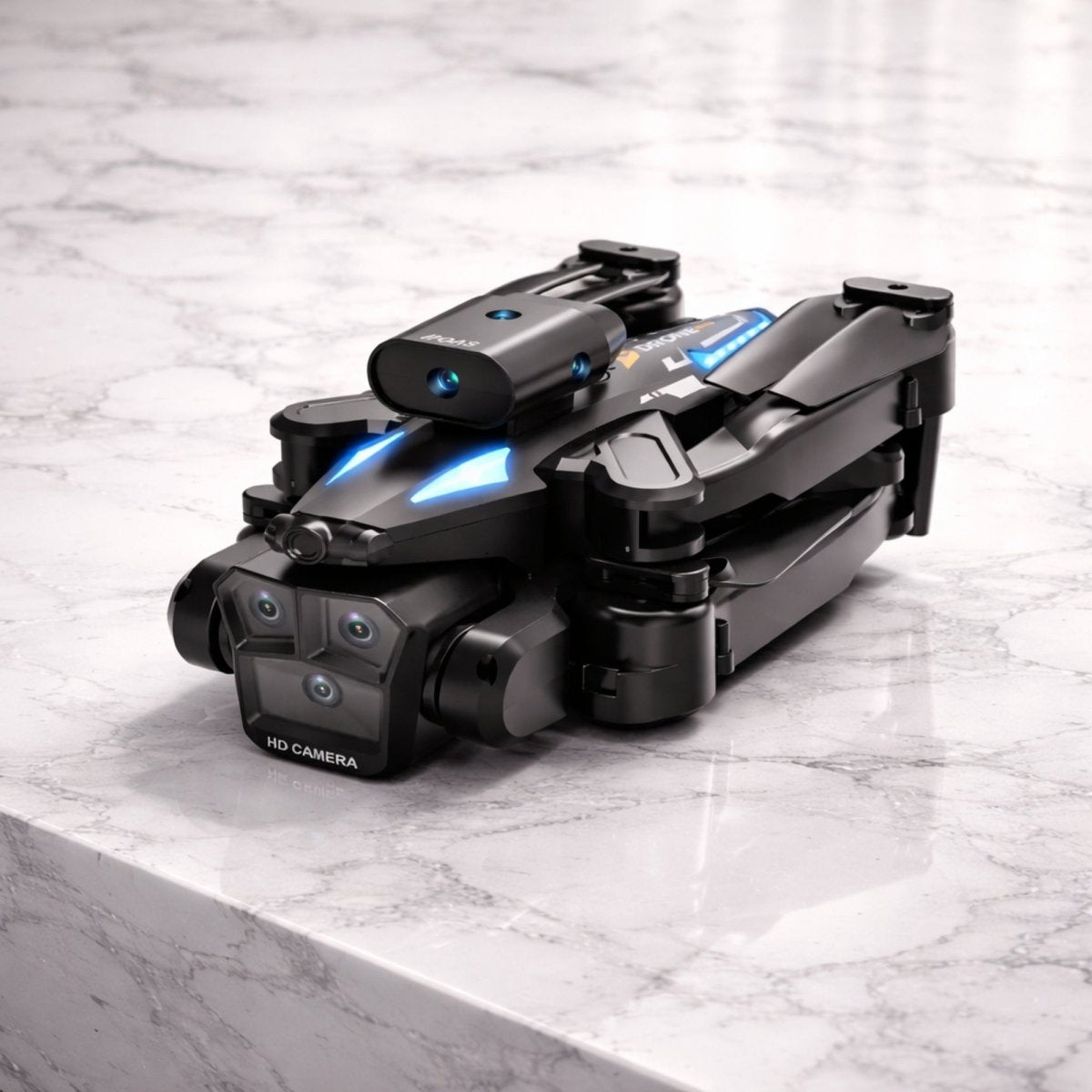 High-angle studio portrait of the Drone Max in its folded configuration, highlighting the top laser module and compact size.