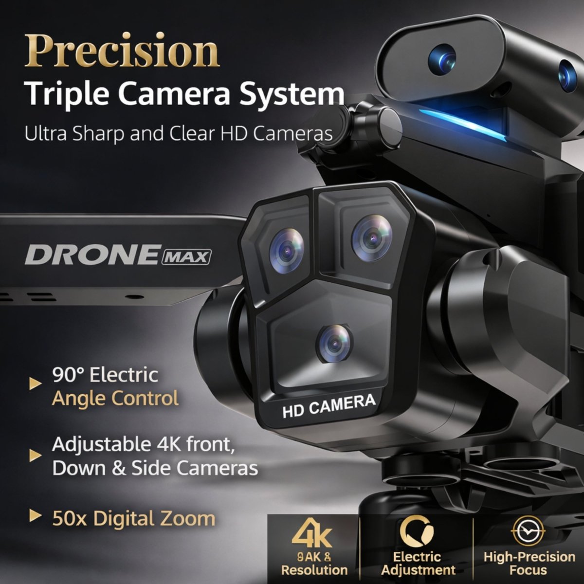 Close-up of the Drone Max 4K triple camera system on its three-axis gimbal, including front, down, and side cameras.