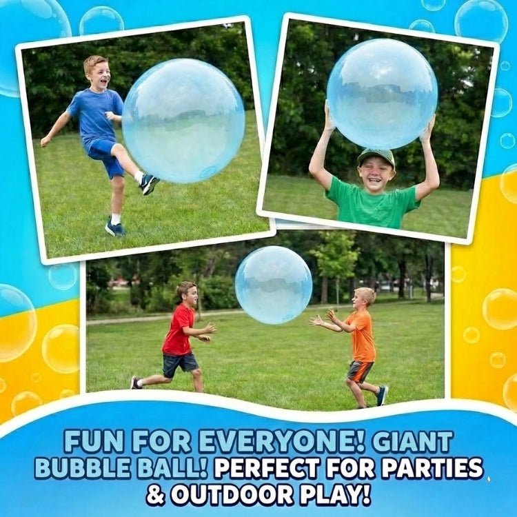 A collage showing a boy kicking, throwing, and catching a giant blue bubble ball, demonstrating the toy's durability for active play.