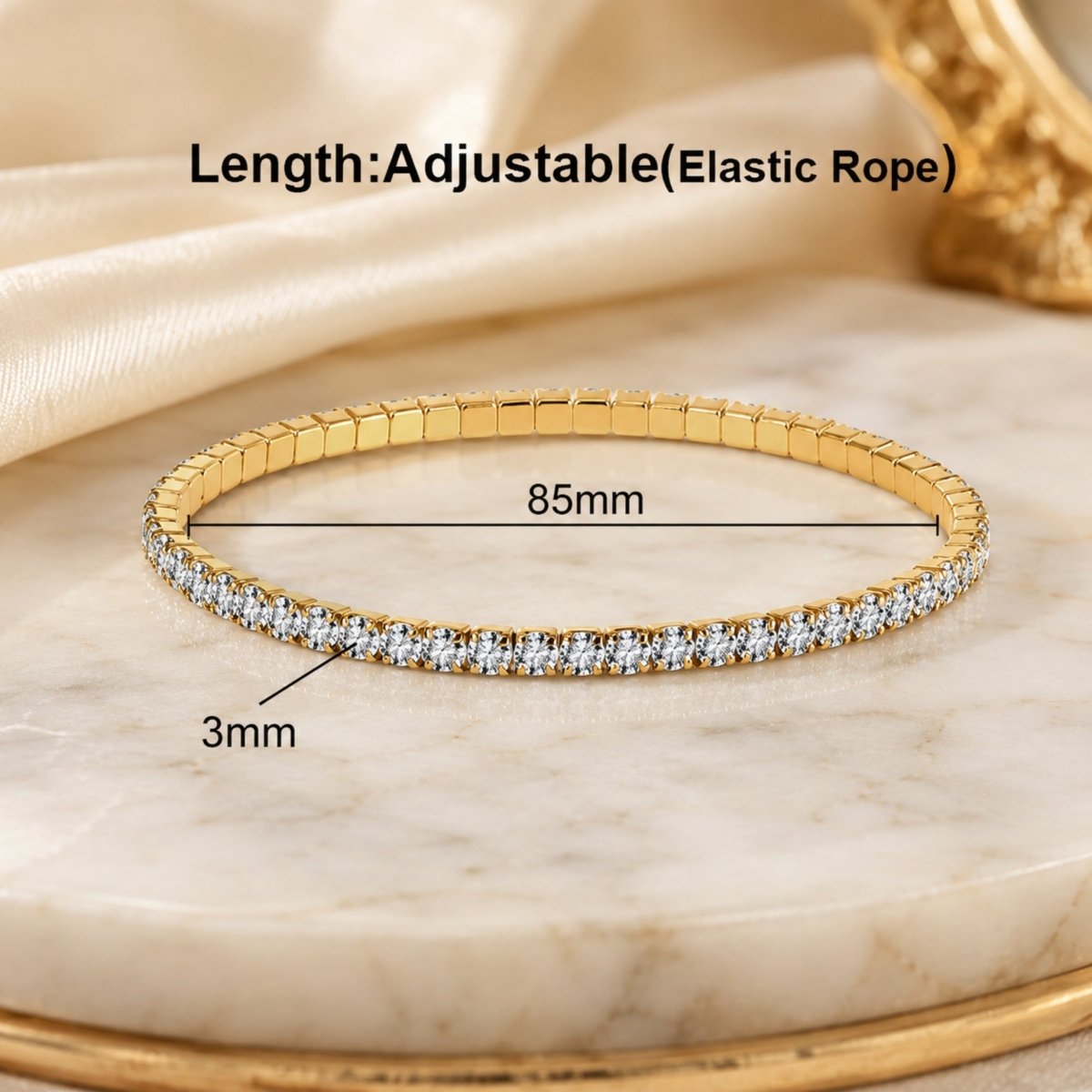 Technical sizing guide for the gold adjustable elastic rope tennis bracelet showing an 85mm inner diameter and 3mm stone width setting.