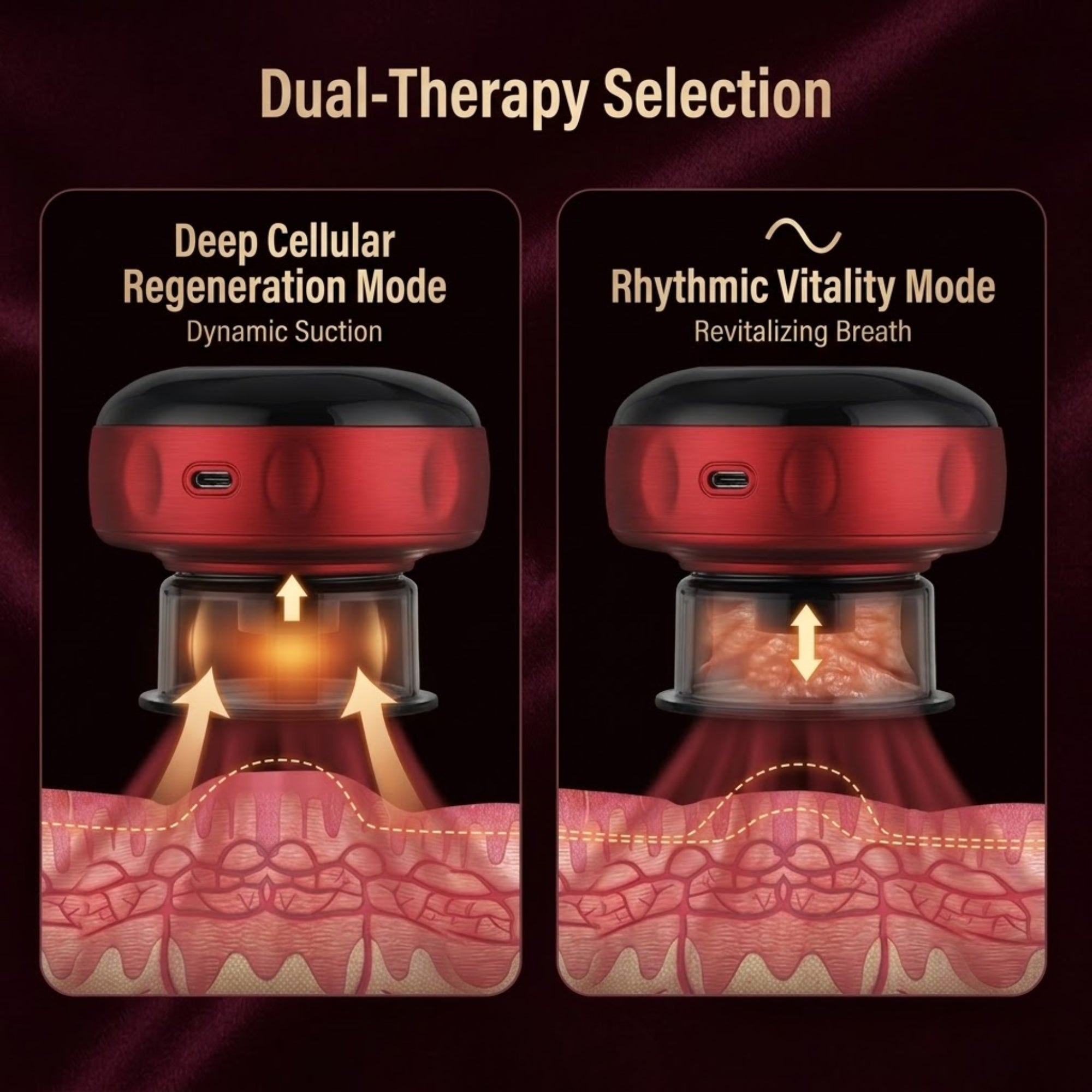 A overhead product view of an electric smart cupping massager console, diagramming the four independent buttons for temperature control, suction, power mode, and pressure relief with an interactive hand pointing to the LCD display screen.