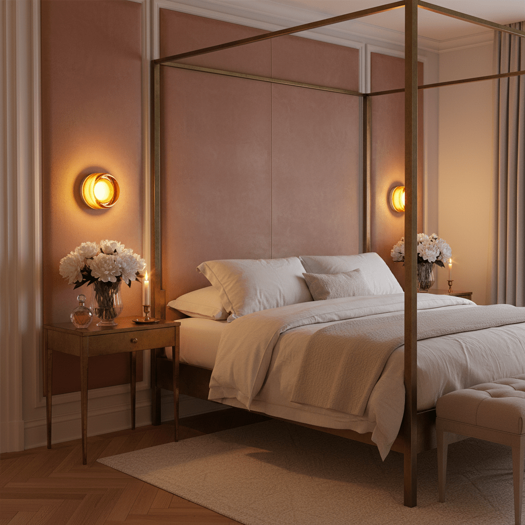Symmetrical gold-rimmed circular glass wall lights casting a warm glow next to a modern canopy bed against dusty pink wall molding panels.