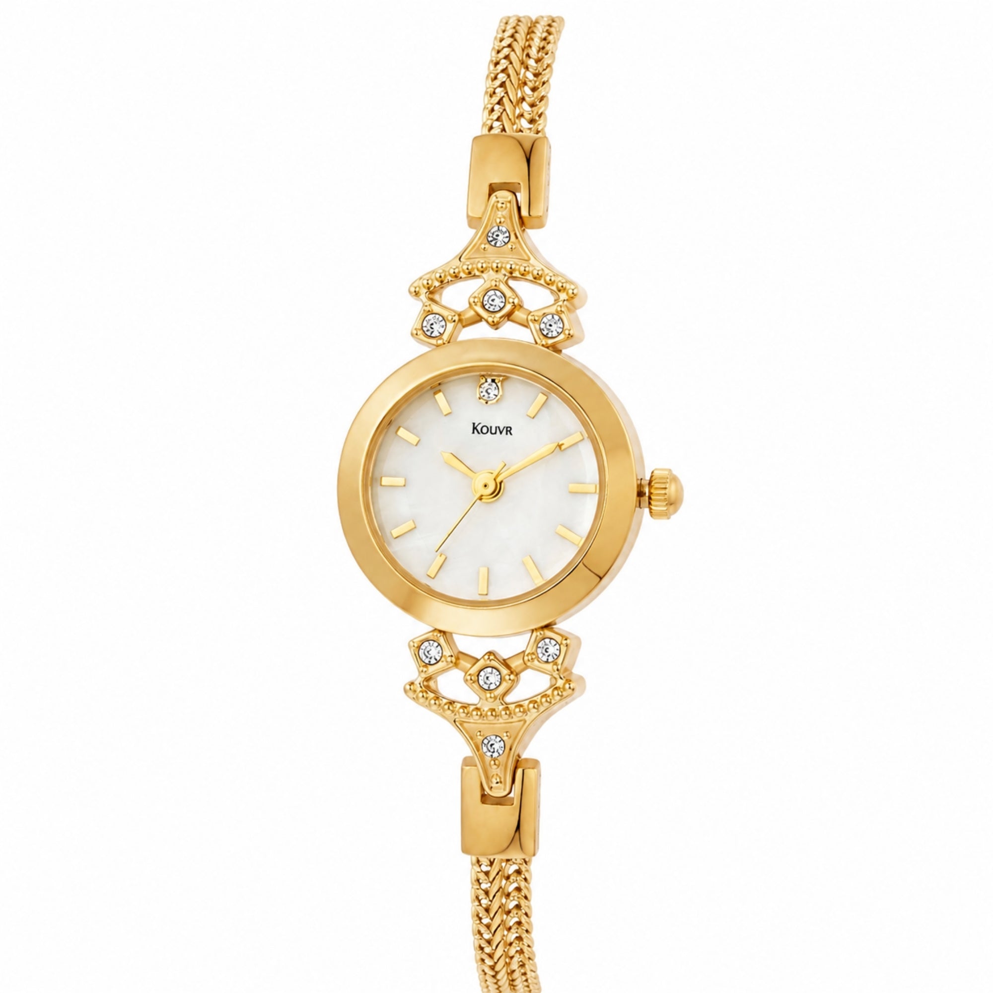 Angled profile of Kouvr women's gold timepiece highlighting the intricate braided strap and crystal-embellished watch case