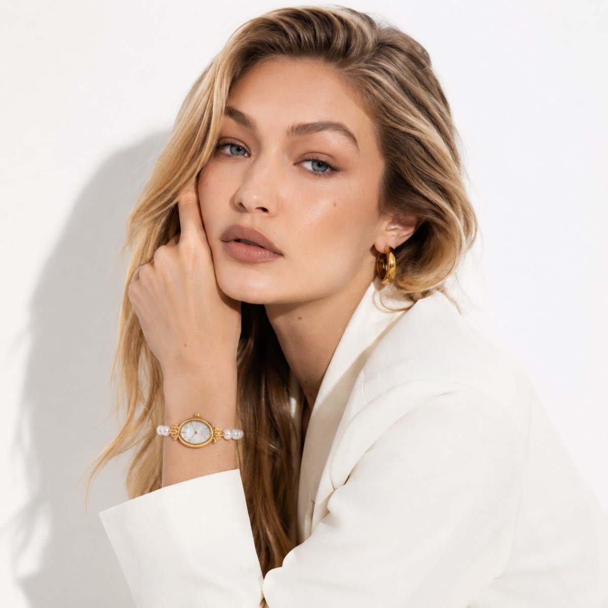 Sophisticated woman in a chic white blazer showcasing the Kouvr elegant pearl bracelet jewelry watch on her wrist.
