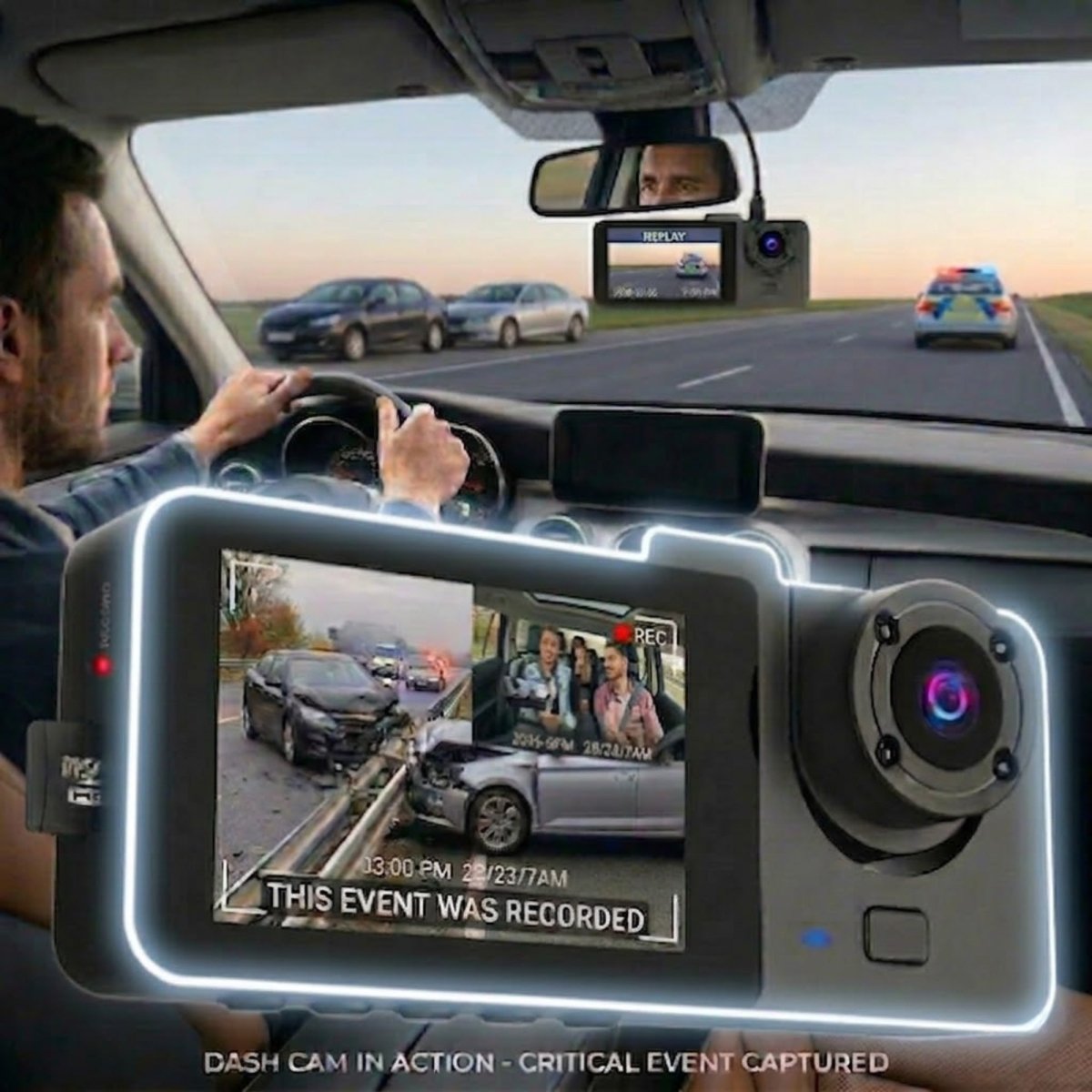 Elite Driver 4K triple dash cam system showing front, interior cabin, and waterproof rear cameras with GPS and Wi-Fi features.