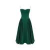Studio product shot of an emerald green corset midi dress with a structured bustier top and pleated A-line skirt on a white background.