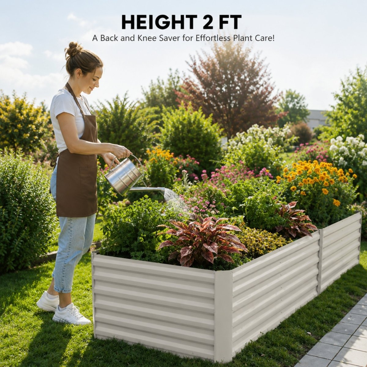 Ergonomic 24-inch tall raised garden bed acting as a back and knee saver for a woman watering her outdoor plants.