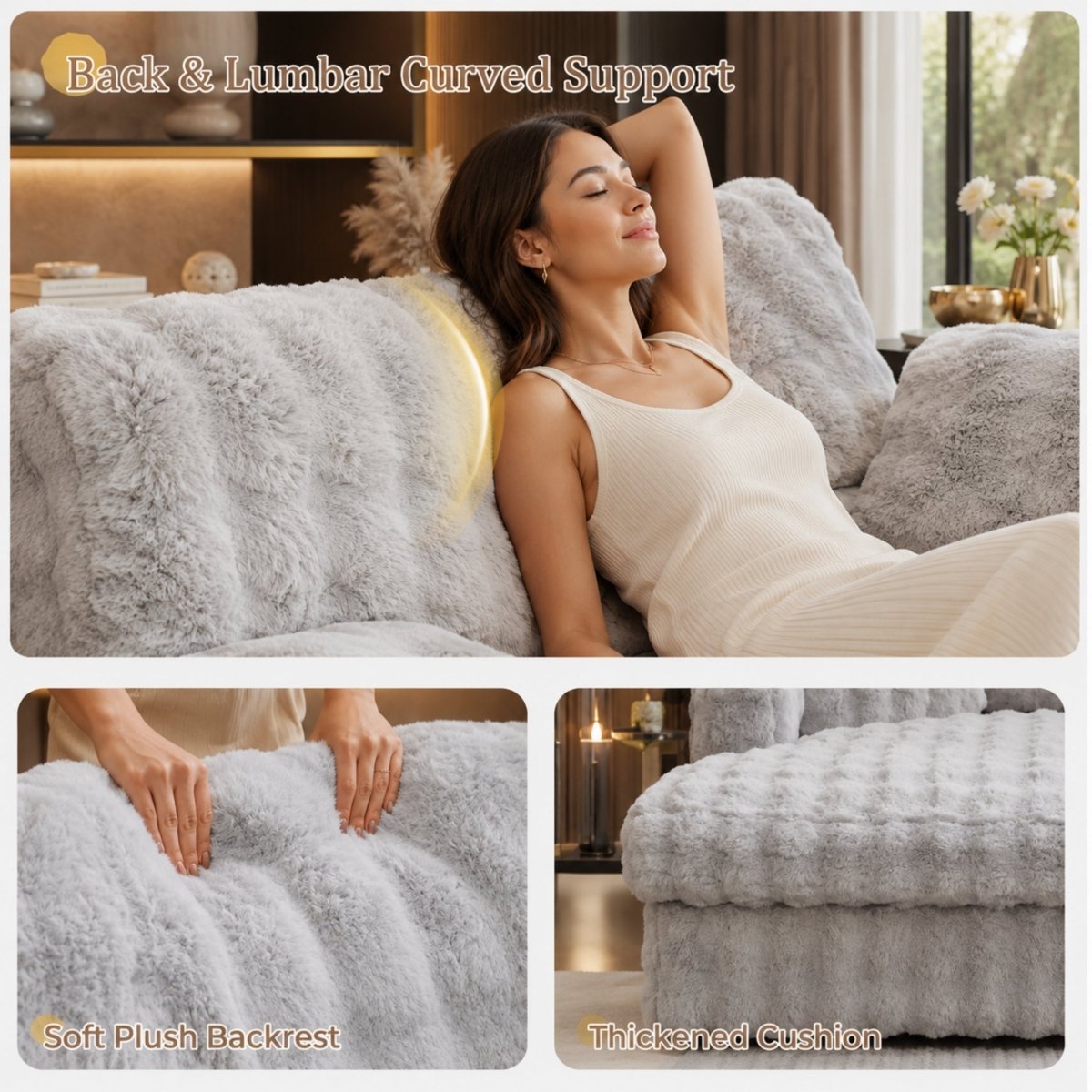 Close up details showing the ergonomic curved lumbar support, soft plush backrest, and thickened high-density memory foam cushion
