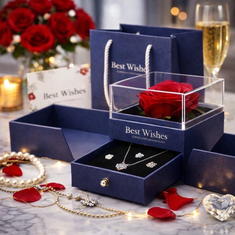 Close-up of an eternal red rose inside a clear acrylic display case on a blue jewelry box with a silver necklace drawer, displaying 'Best Wishes' gold text branding.