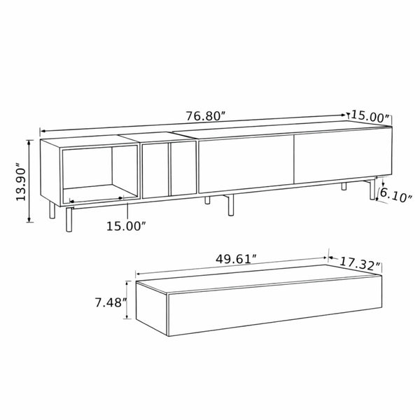 Technical dimension schematic for the Kouvr minimalist entertainment center, detailing the 76.80 inch width, 13.90 inch height, and 15.00 inch depth for perfect home theater space planning.