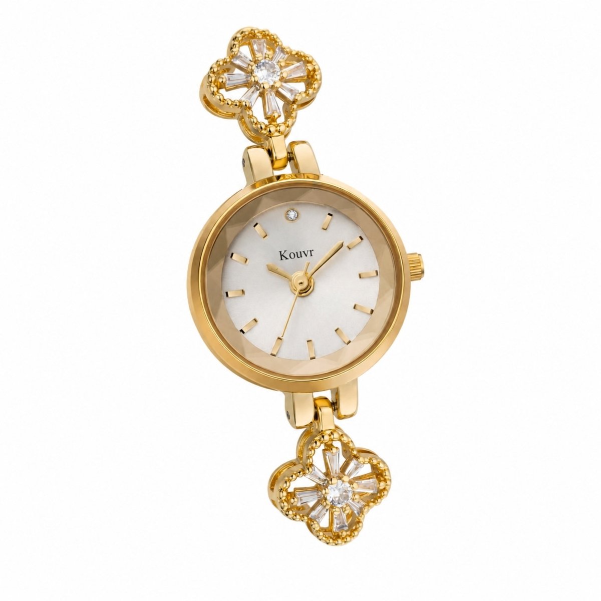 Angled close up of the Kouvr gold watch highlighting the scratch resistant faceted crystal glass and gold watch hands.