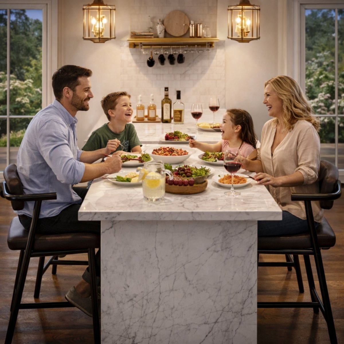 A family laughing and enjoying a meal while sitting on comfortable Kouvr counter height stools at a marble dining island.