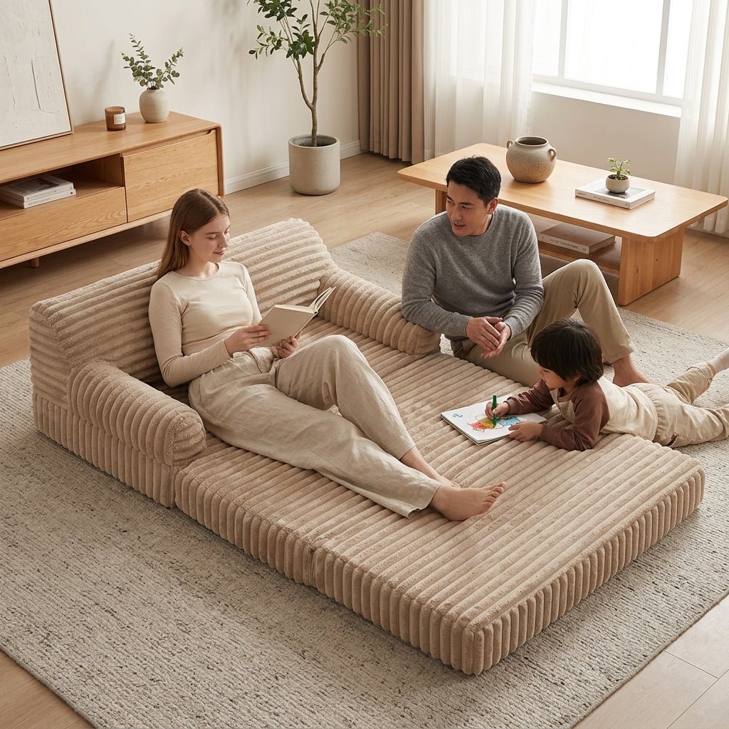 Family of three enjoying leisure reading and drawing time on the Kouvr convertible corduroy floor lounger in a sunlit room.