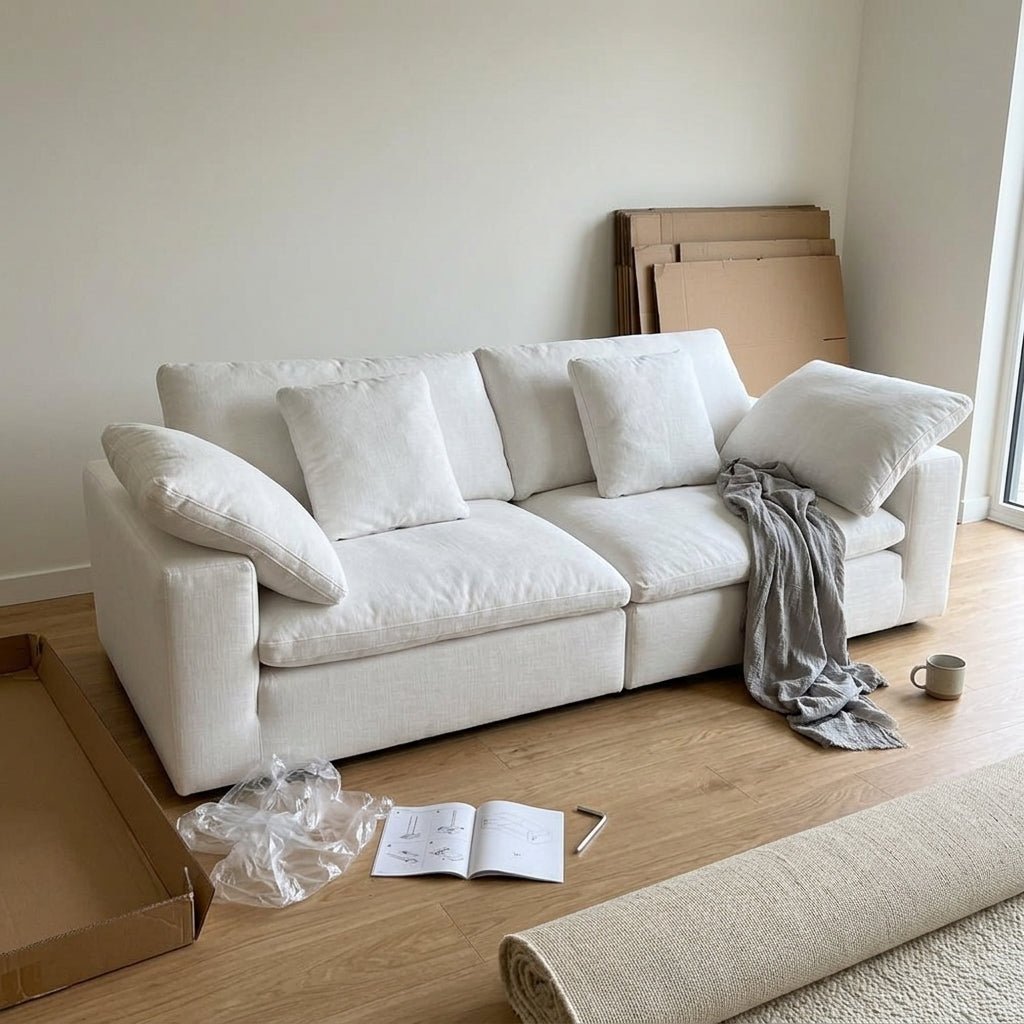 A young family with a toddler happily relaxing and drinking coffee on the spacious, life-proof Kouvr white modular sectional sofa.