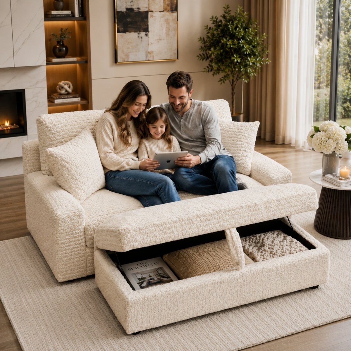 Smiling family sitting comfortably on a soft modern loveseat while the spacious hidden storage ottoman remains open, showcasing practical home organization.