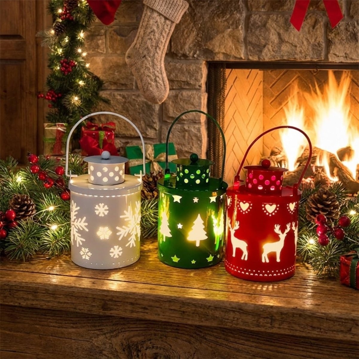 Three festive metal tea light holders sitting on a rustic beam with evergreen garland and Christmas gifts in the background.