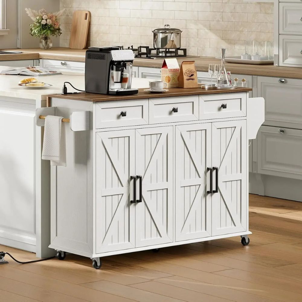 rolling kitchen cart with storage drawers and cabinets used as a coffee bar 