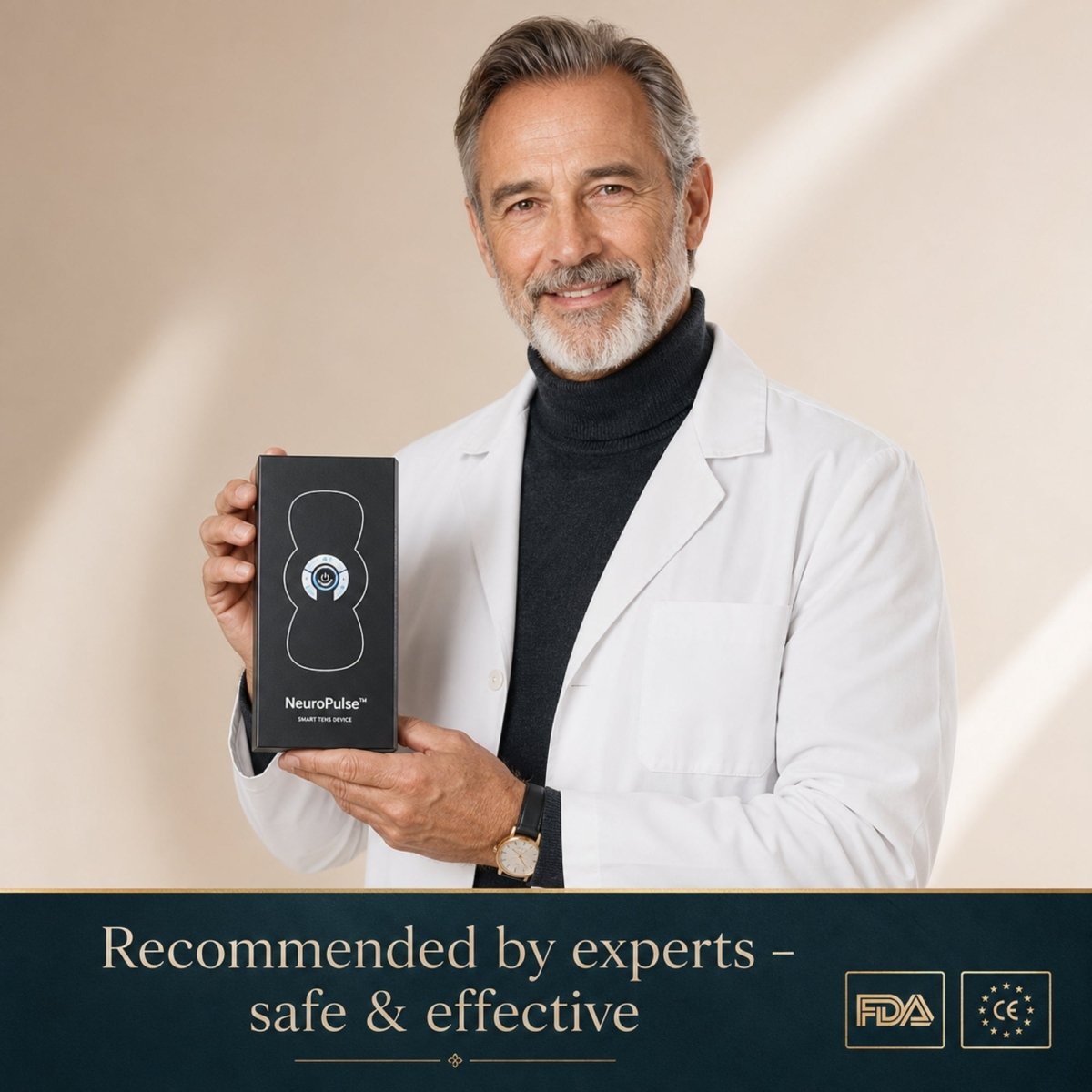 A male medical expert in a white doctor coat holding the certified NeuroPulse box showcasing the FDA cleared and CE compliance markings.