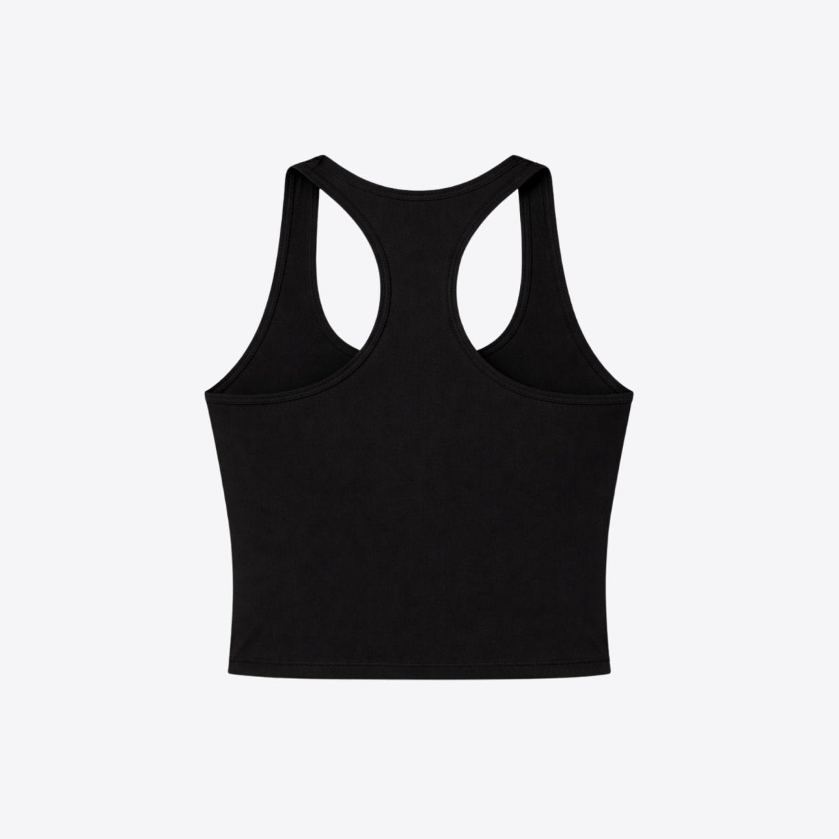 Flat lay clothing image highlighting the racerback silhouette of the Kouvr black performance athleisure crop top.