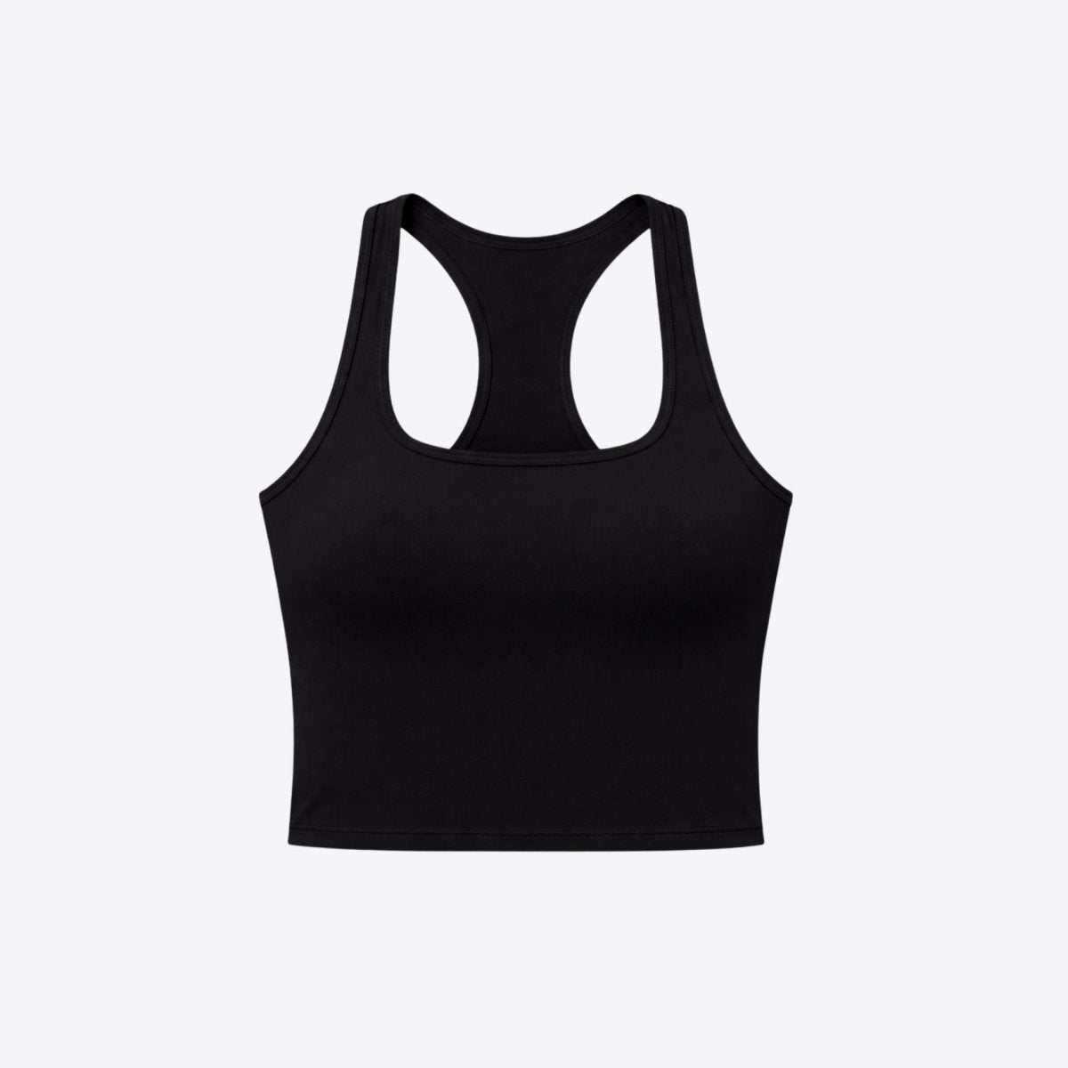 Flat lay clothing image showing the front square neckline and smooth matte fabric of the Kouvr black athletic crop top.