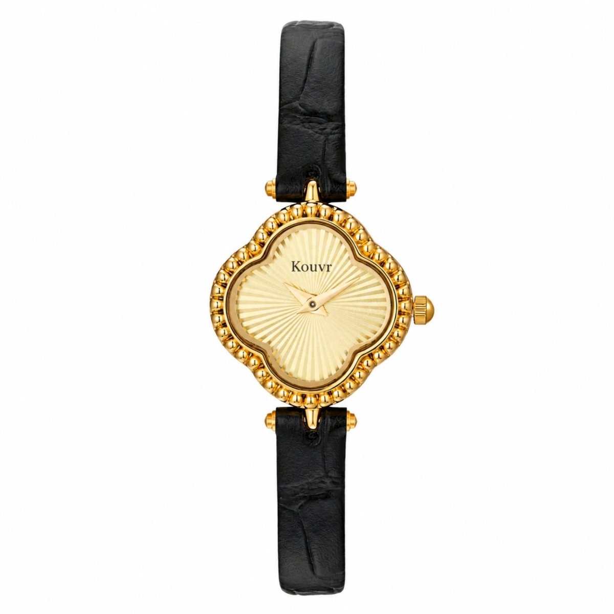 Front view flat lay of the Kouvr women's watch featuring a reflective gold sunburst dial, clover shape case, and black leather strap.
