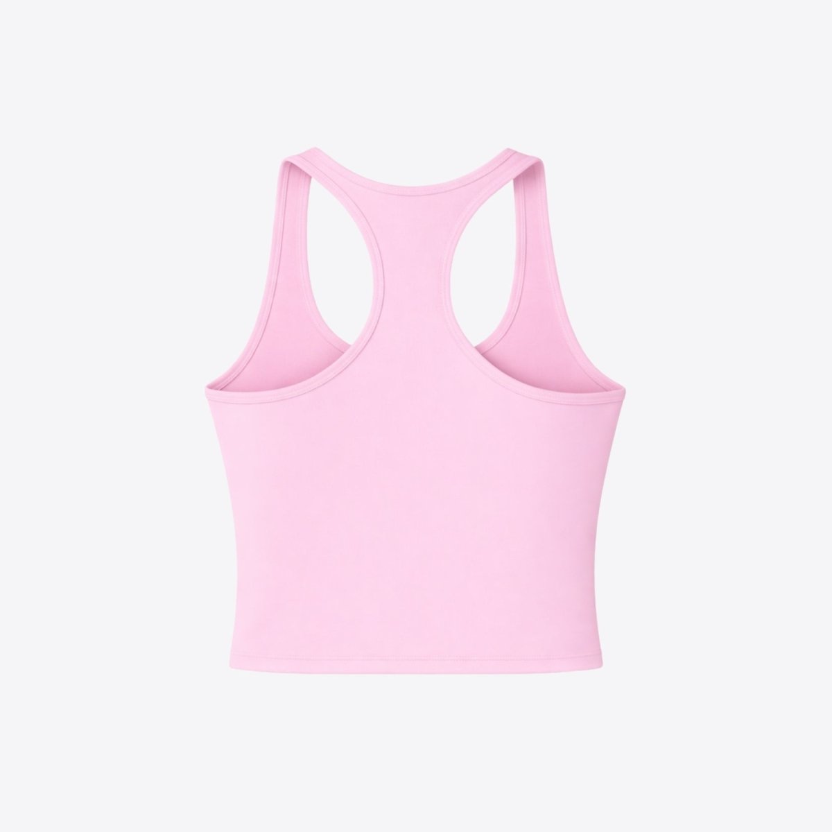 Flat lay back view of the unstyled Kouvr pink luxury racerback activewear crop top on a white background