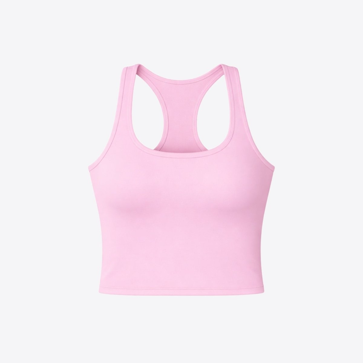 Flat lay front view of the unstyled Kouvr pink luxury scoop neck racerback crop top on a white background