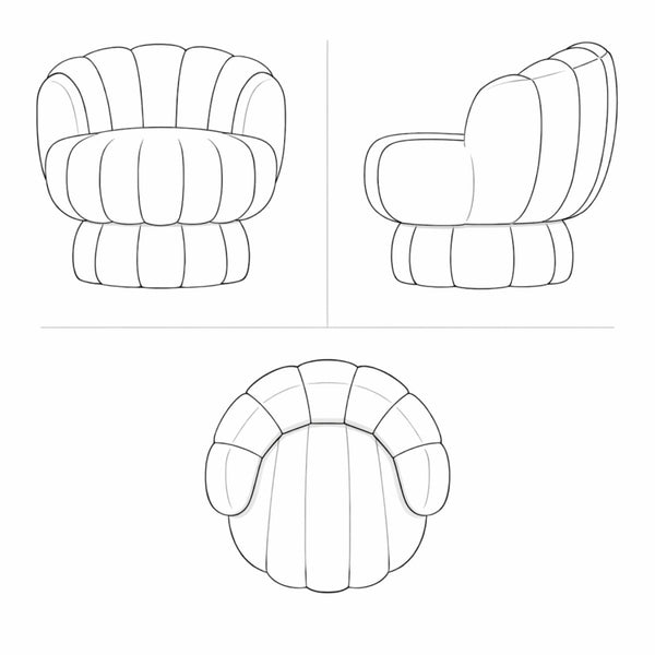 Technical line drawings showing the front, side, and top profile of the fluted velvet swivel chair.