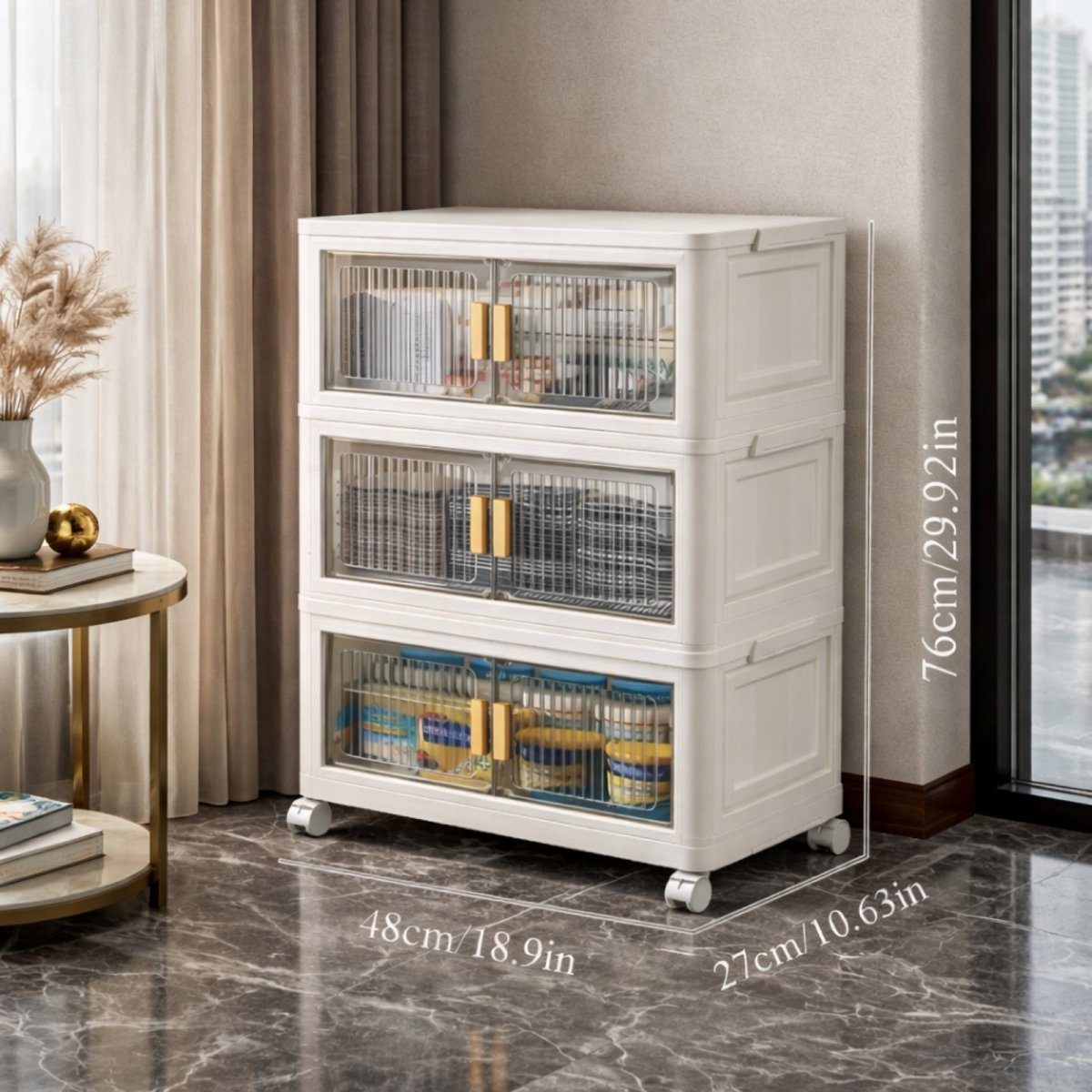 3-tier bedroom storage chest for clothes and books, showing compact design next to window.