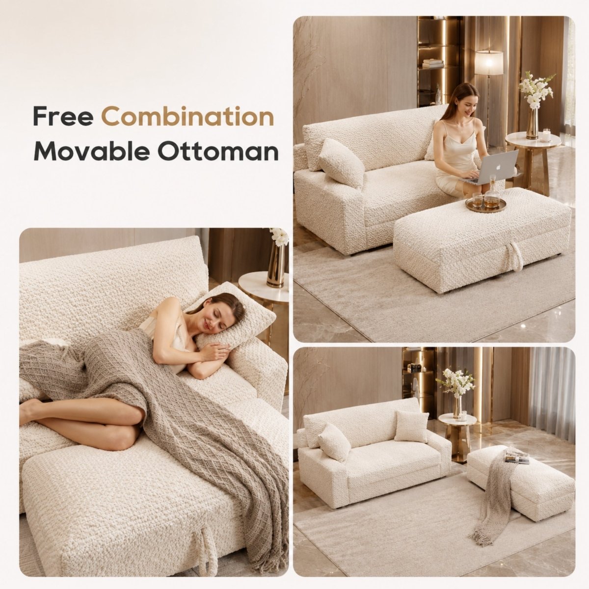 Three-panel lifestyle collage showing the versatile movable ottoman used as a coffee table for drinks, a footrest for lounging, and an extended chaise bed.