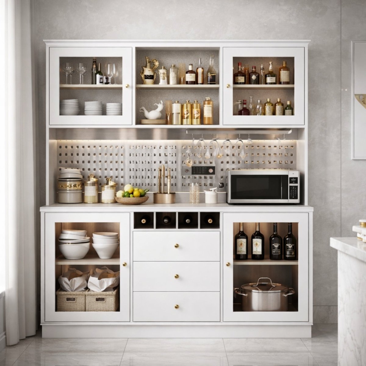 Detail view of the black pegboard organizer on the Kouvr kitchen pantry cabinet, with utensils and a cutting board hanging to demonstrate its versatile storage capabilities.