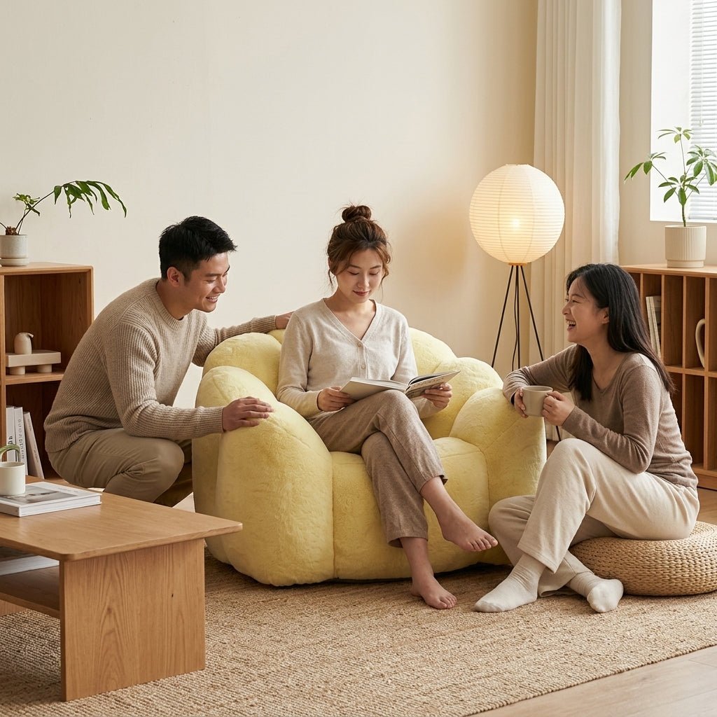 Friends gathering and smiling around a comfortable yellow teddy fleece accent chair in a sunlit aesthetic living space.