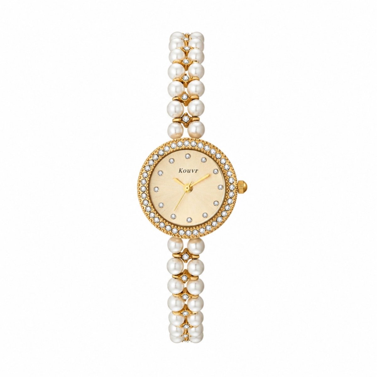 Front flat lay studio view of the Kouvr women's luxury watch featuring a champagne dial, diamond-style crystal bezel, and double-row pearl strap.