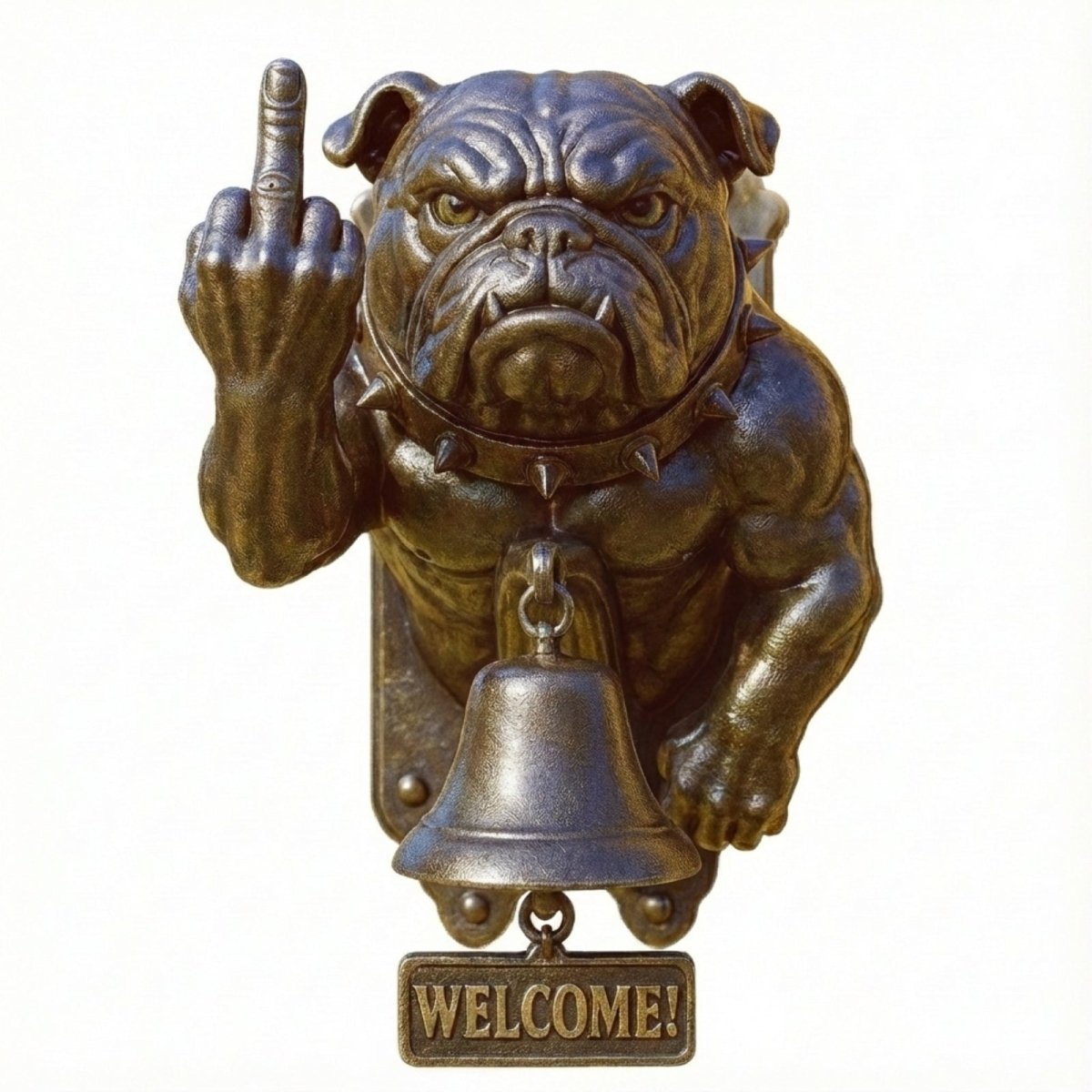 A direct front-facing view of the Kouvr bronze bulldog doorbell, highlighting the muscular details and defiant gesture, isolated on a white background.