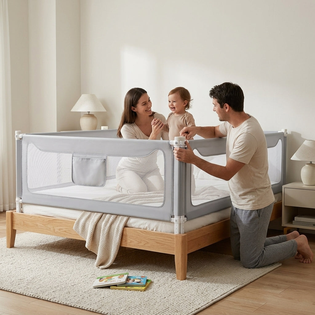 A mother and father kneeling by a platform bed enclosed by light grey Kouvr bed rails, playing with their smiling baby in a brightly lit, minimalist home bedroom setup.
